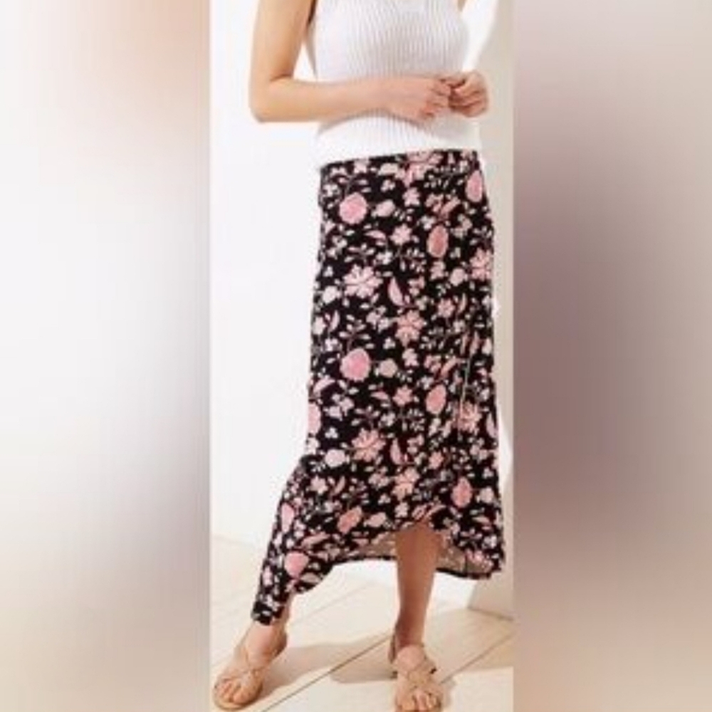 LOFT Petite Black Maxi Skirt with Pink Floral Design